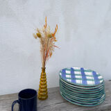 10 blue and green checked ceramic plates