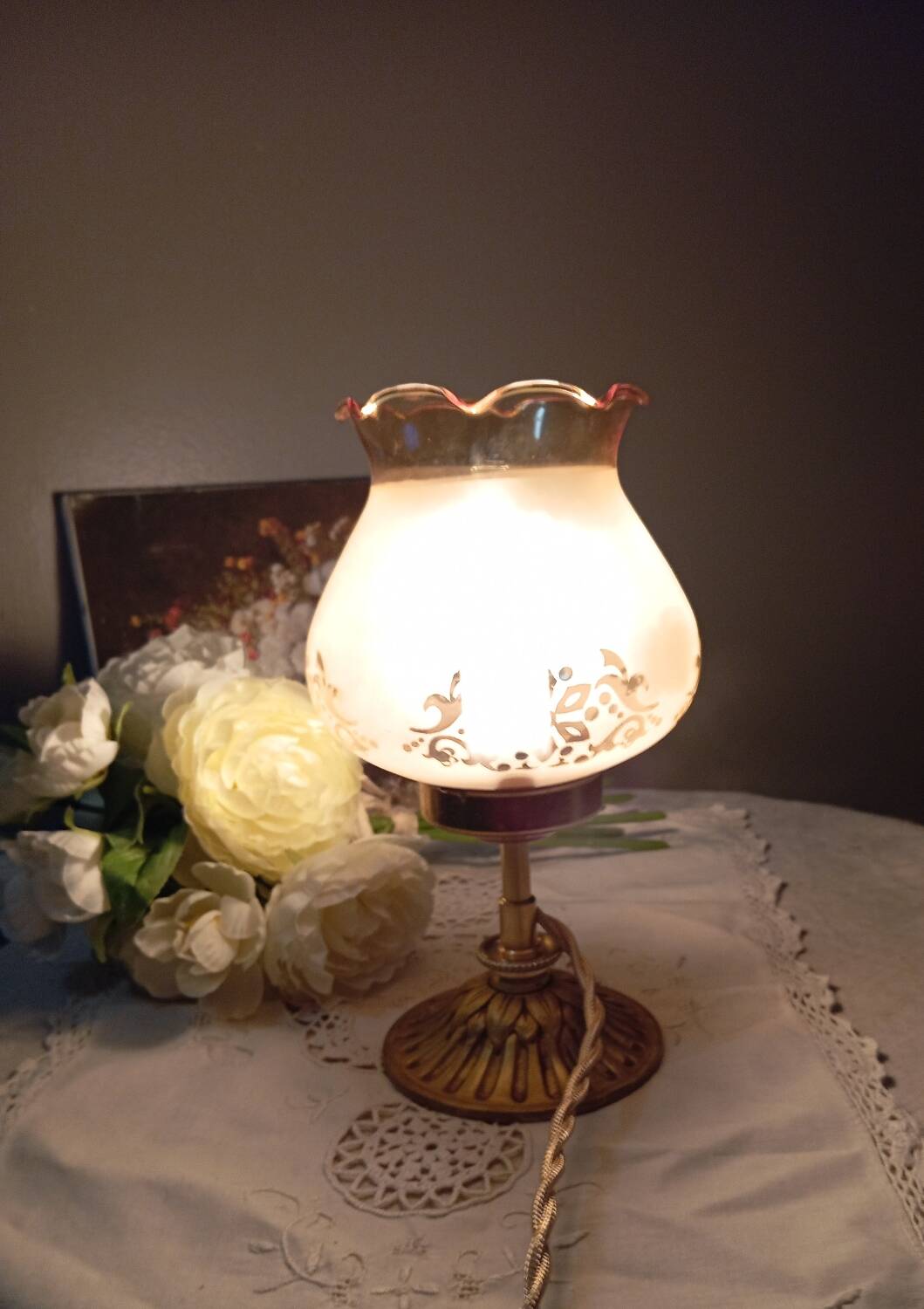 Bronze foot table lamp, satin amber lampshade, circa 1960