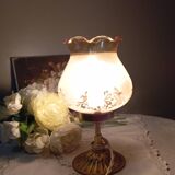 Bronze foot table lamp, satin amber lampshade, circa 1960