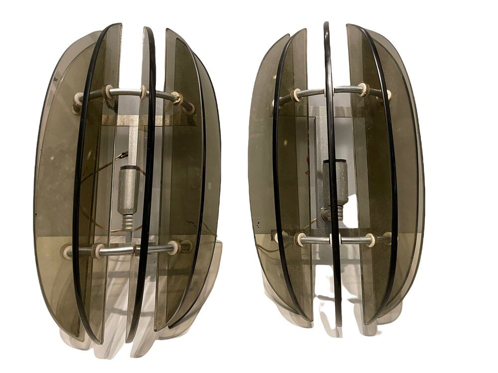 Italian Smoked Glass Wall Lights from Veca, Set of 2