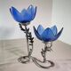 Bougeoir en étain & verre, décor floral, signé Jean Goardére.