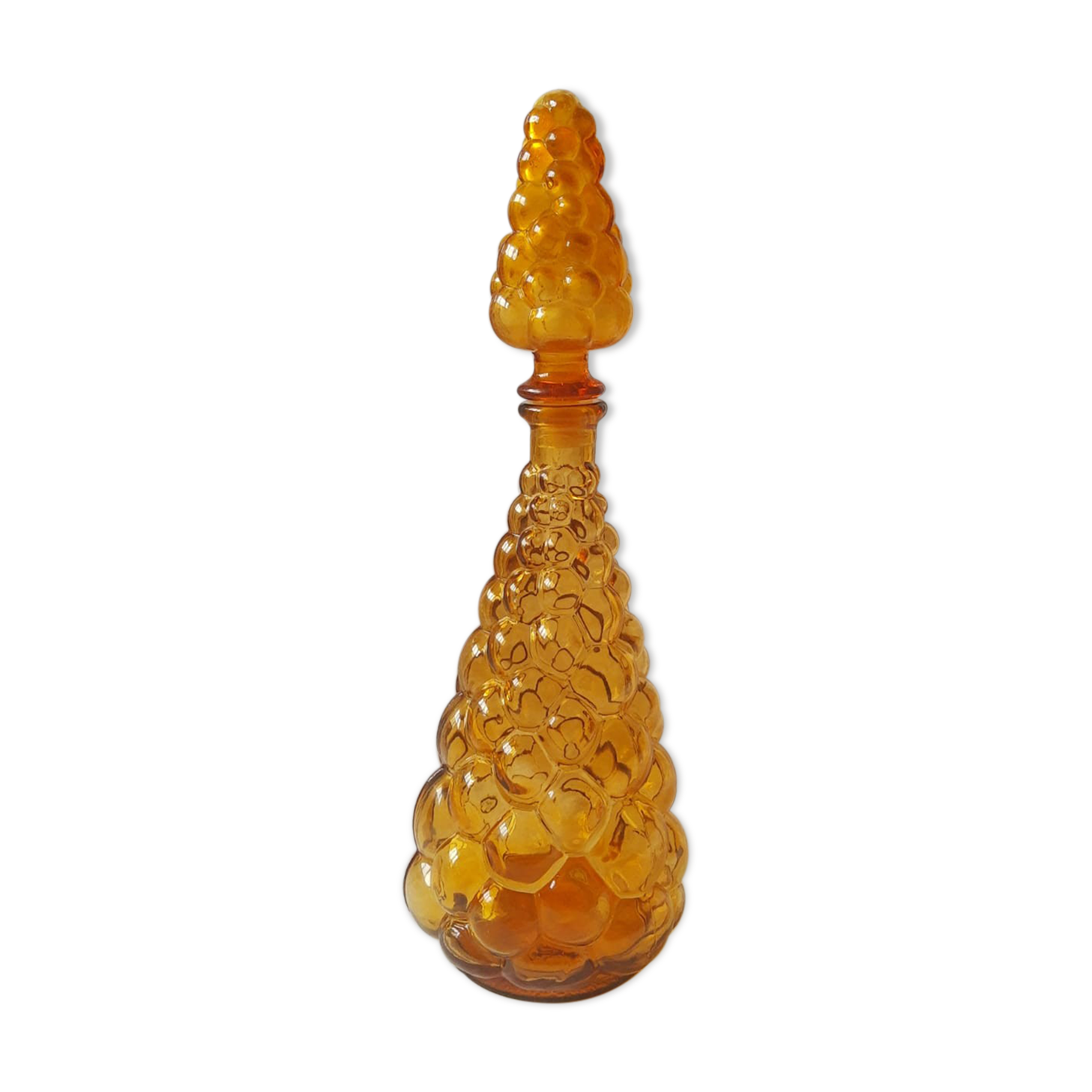 Italian decanter made of amber yellow empoli glass grape-shaped bubbles - vintage