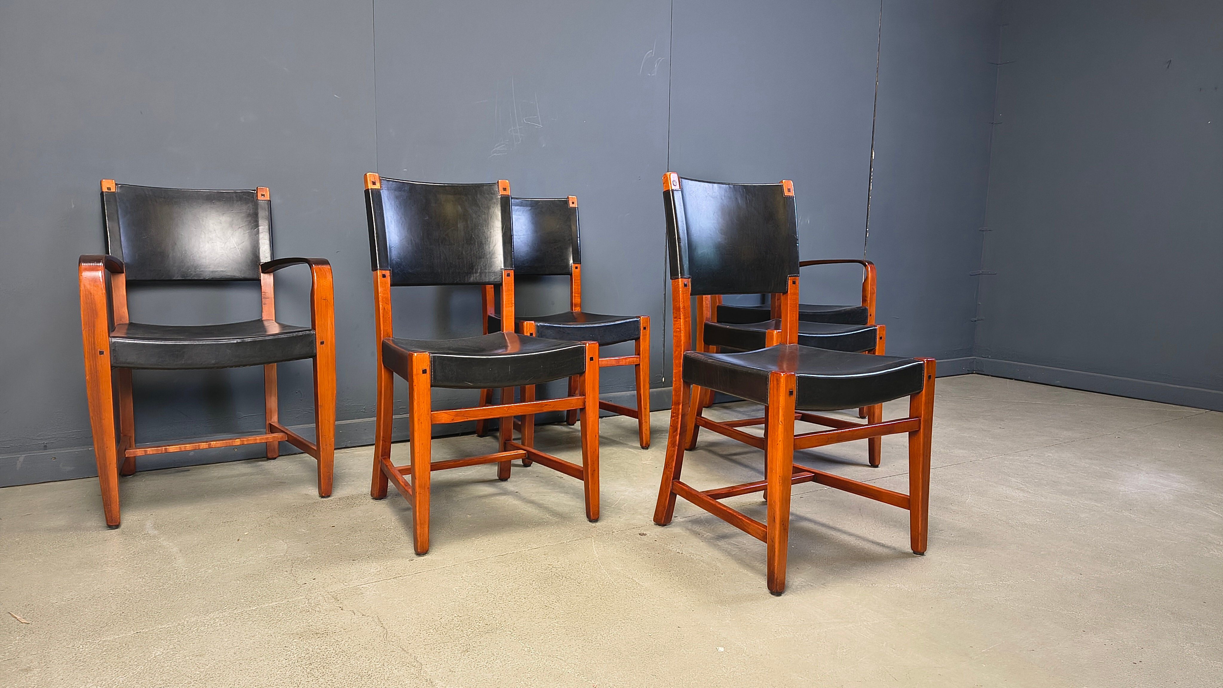 Vintage Spanish leather and wood dining chairs, set of 6 - 1970s