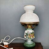 French country 1960s rustic green ceramic and glass vintage table lamp
