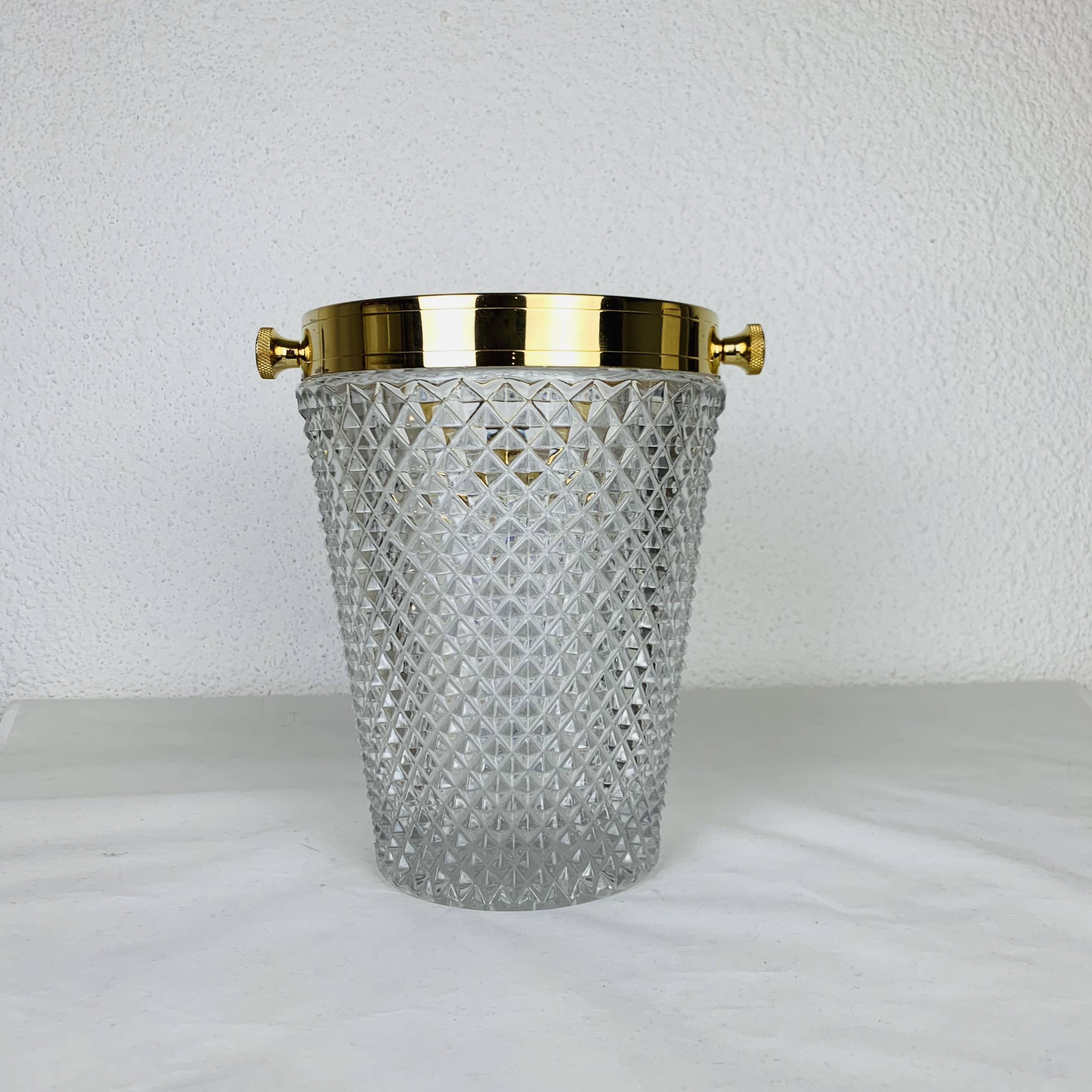 Hollywood regency cut crystal and gold metal champagne bucket