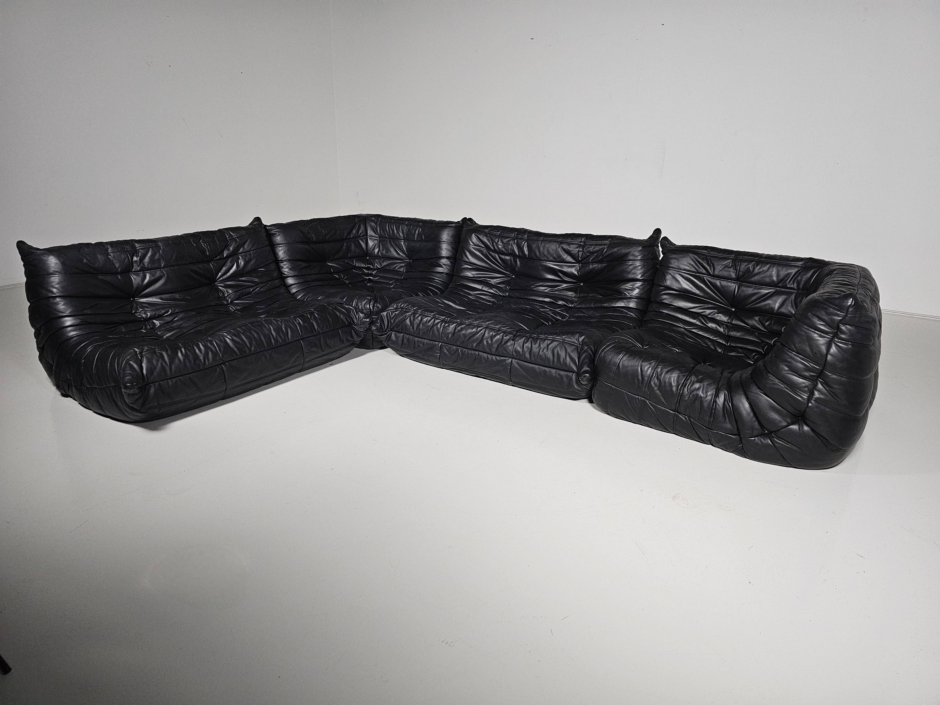 Togo black leather sofa, original, Michel Ducaroy, Ligne Roset, 1980