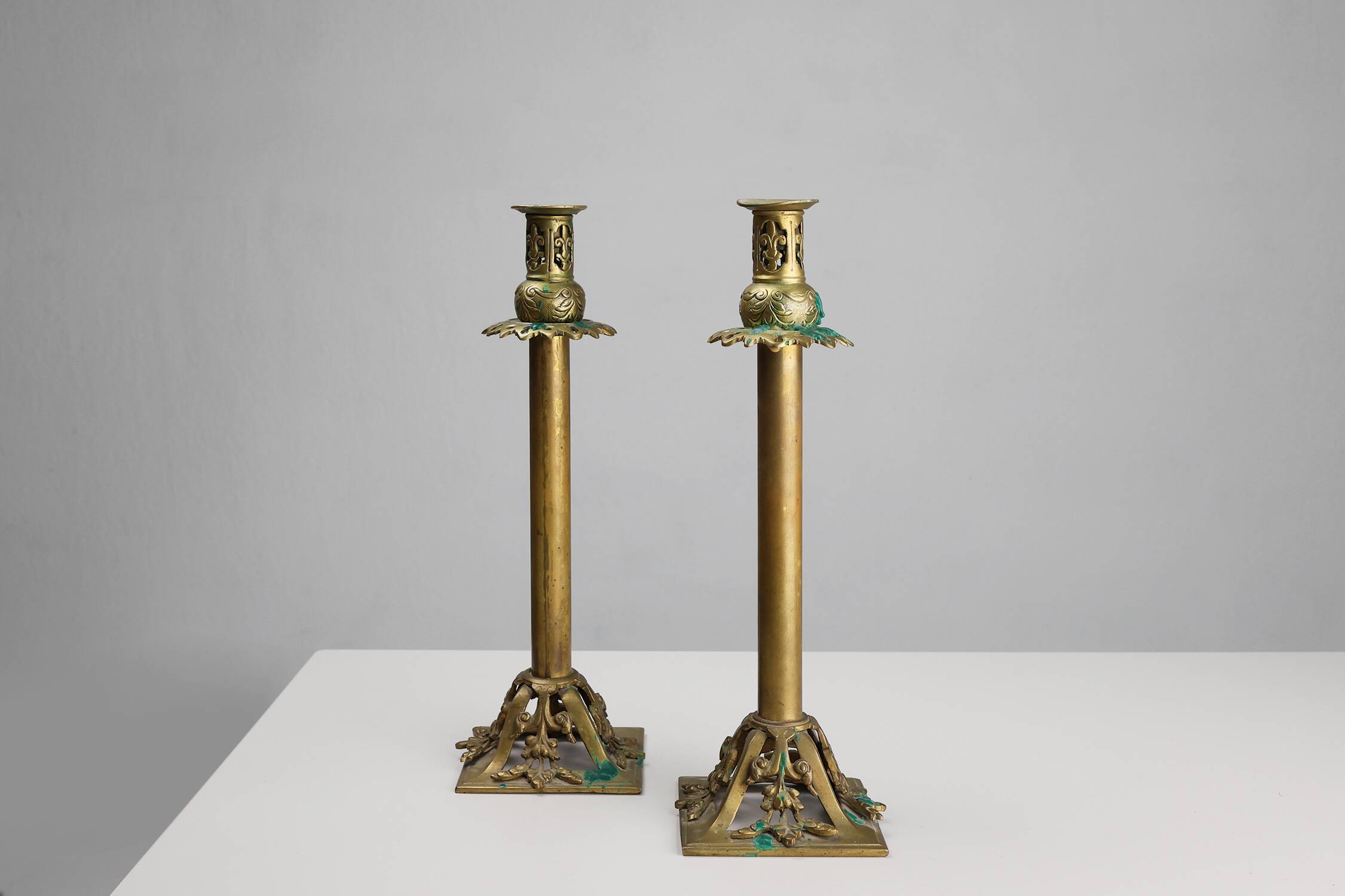 Pair of Antique French copper candlesticks in Baroque style, 1900s