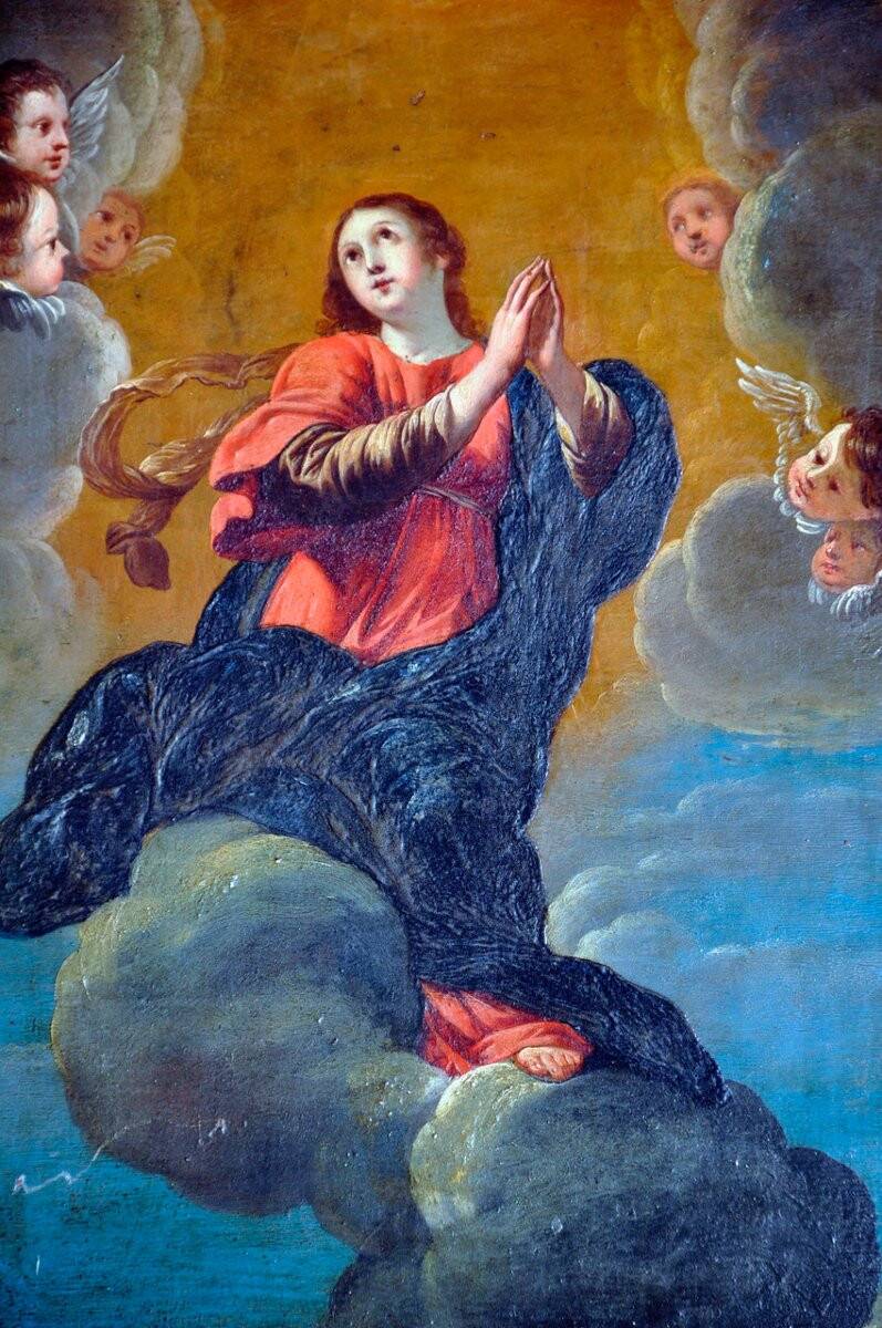 Oil on hammered copper depicting the Assumption of the Virgin, 17th century