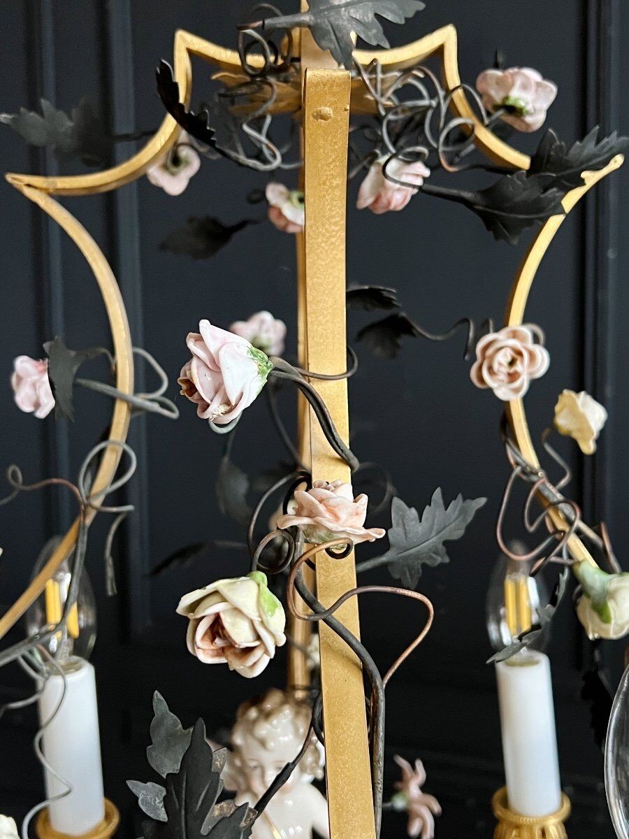 Napoleon III period cage chandelier in bronze and porcelain