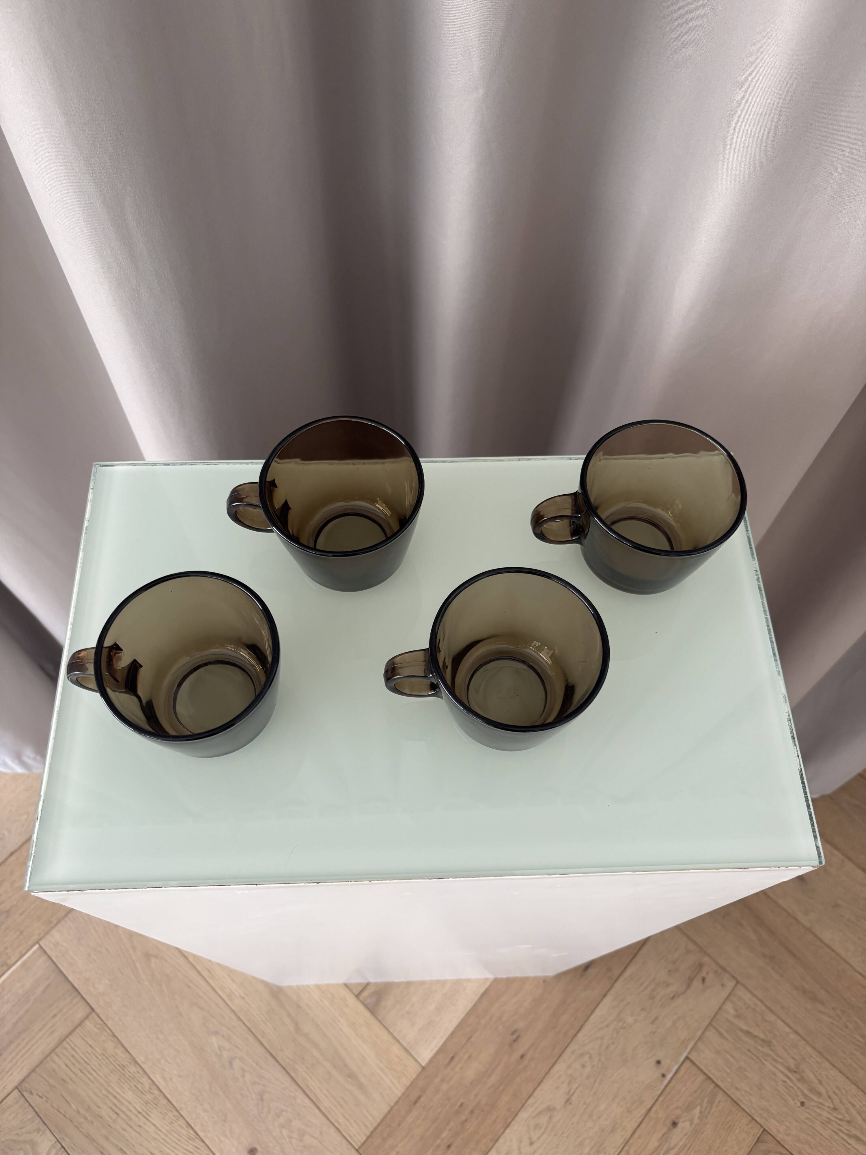 Set of 4 Vintage Smoked Glass Coffee CSeups by ŠEDA – Czechoslovakia, 1970s