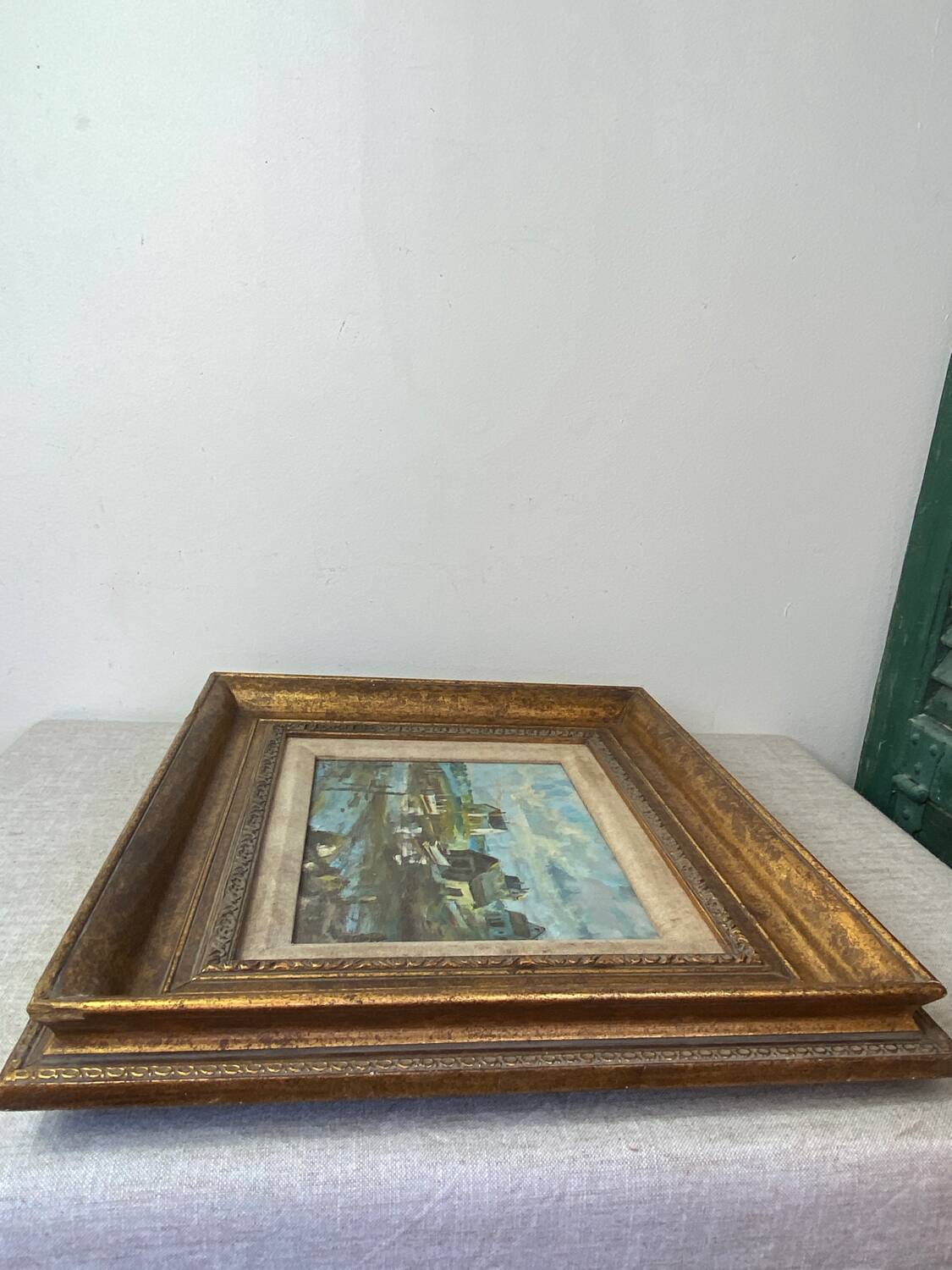 Oil on canvas, seaport scene