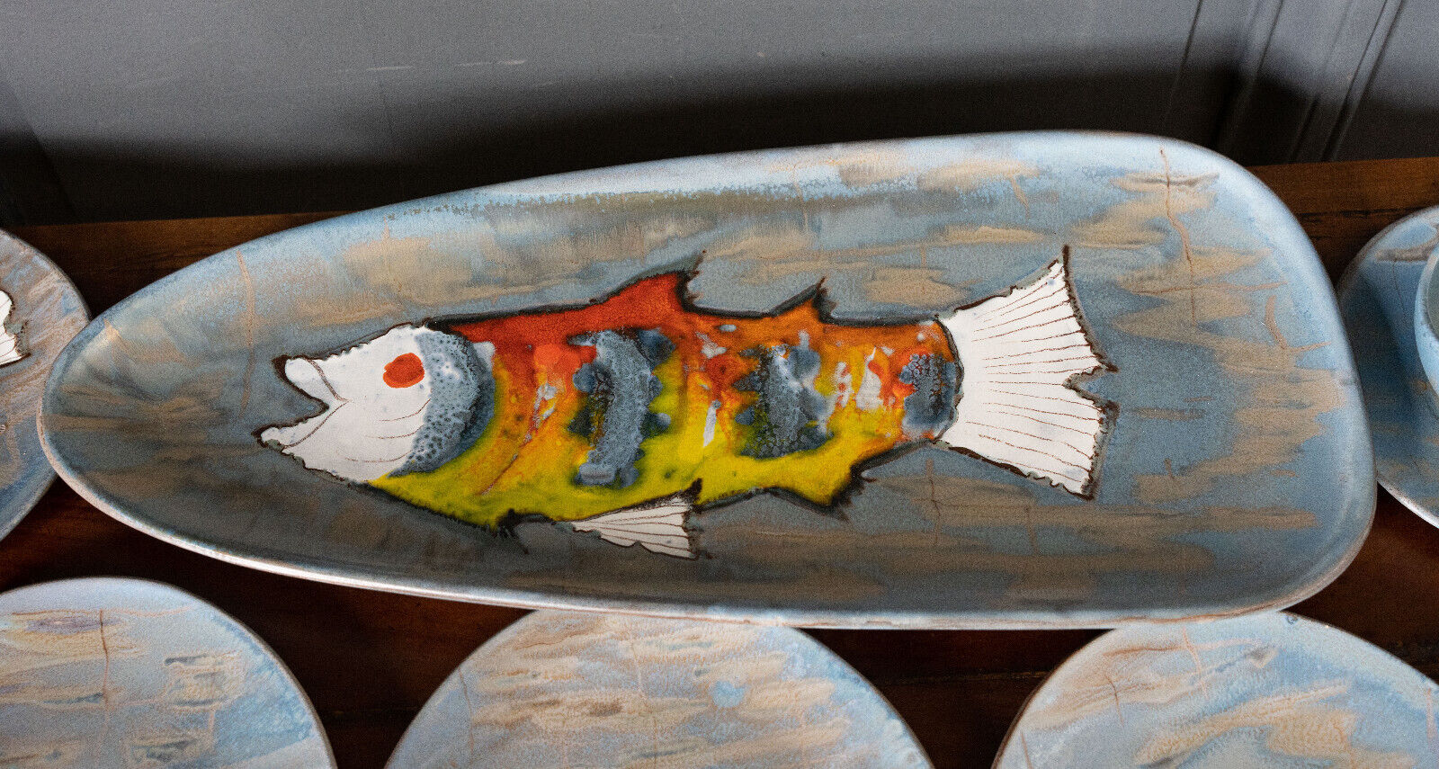 Stylized fish set 1960 Blue background Vallauris 1 course 12 plates