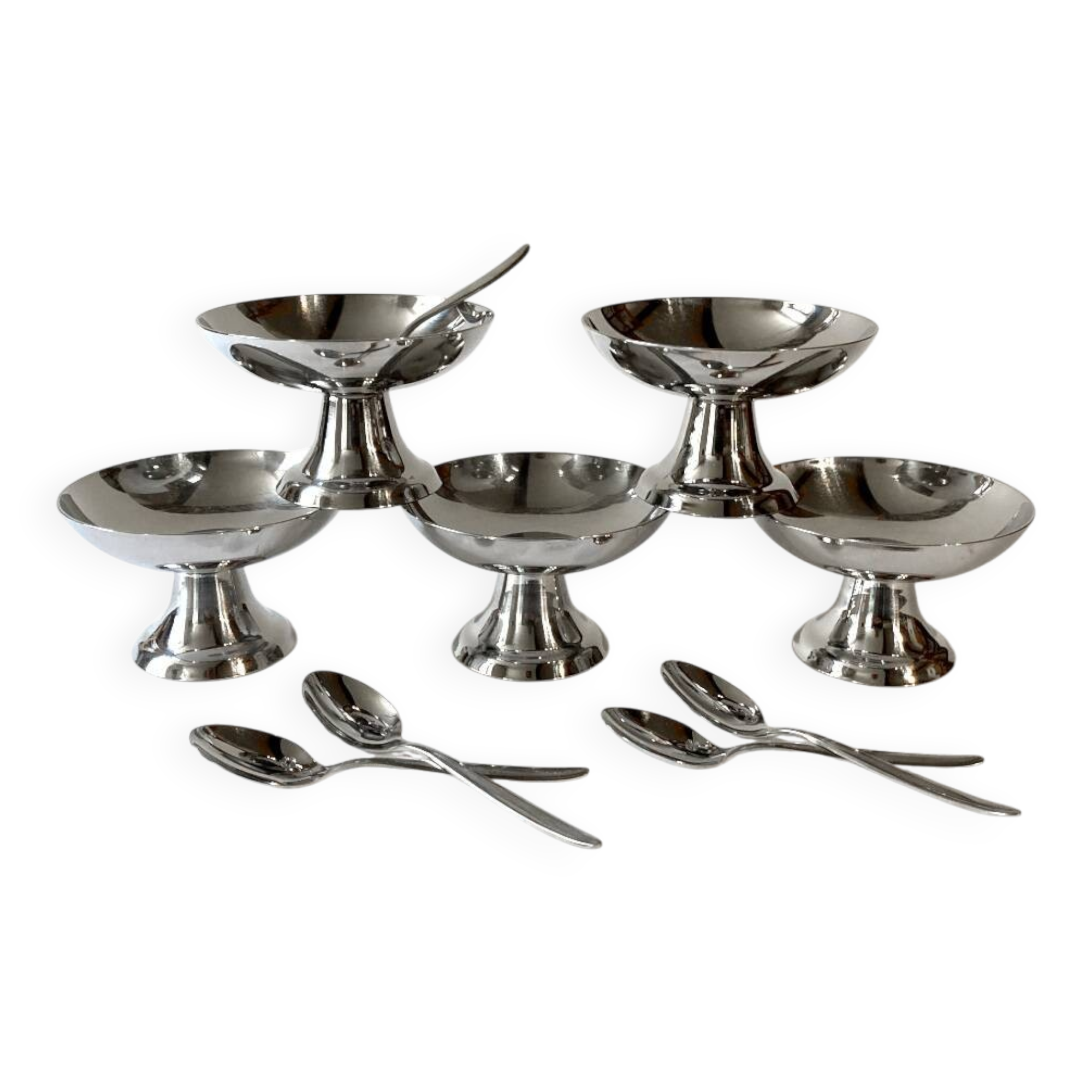 Set of 5 Guy Degrenne stainless steel ice cream cups and spoons
