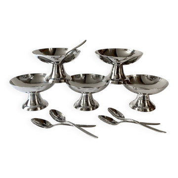 Set of 5 Guy Degrenne stainless steel ice cream cups and spoons