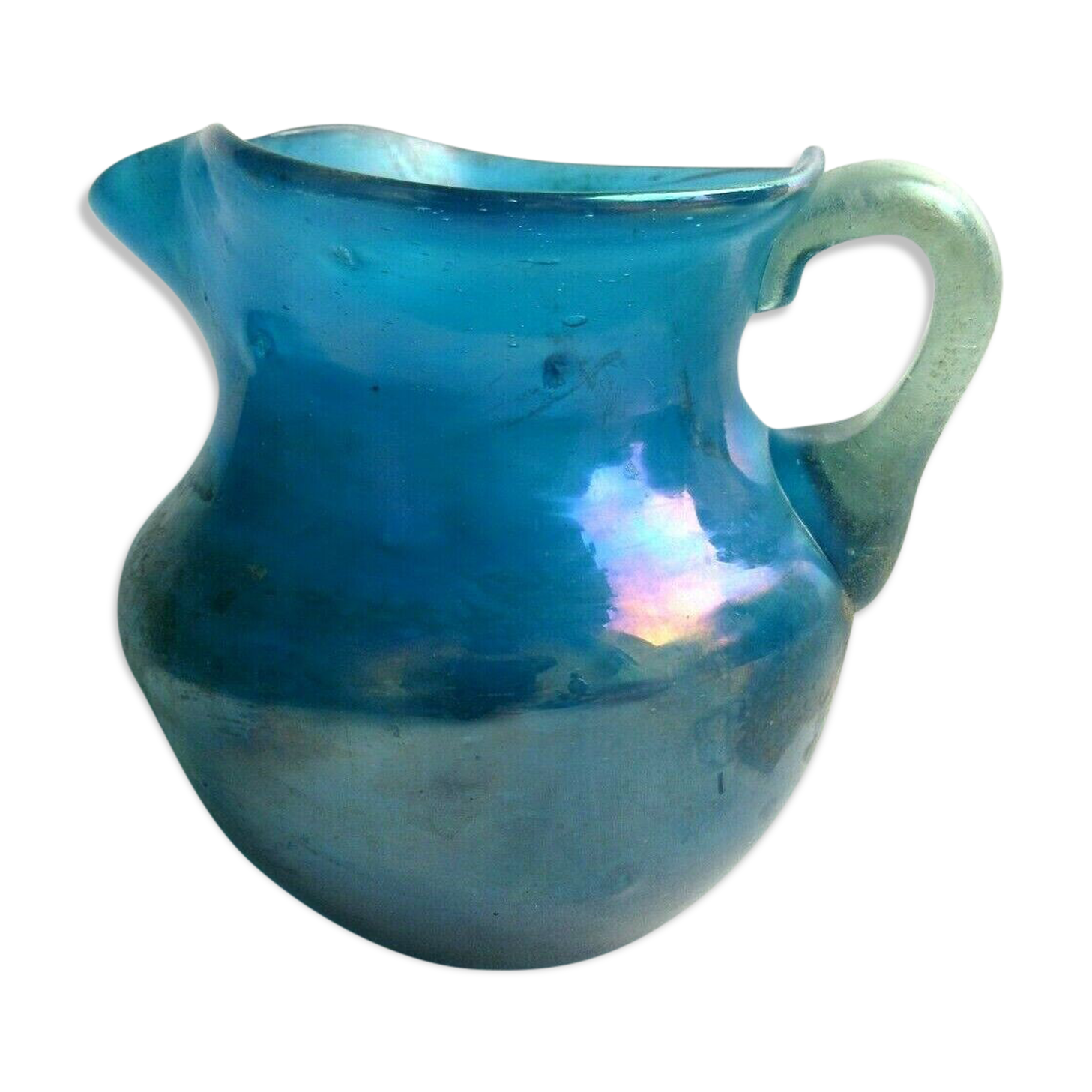 Small Art Deco pitcher, iridescent blue glass
