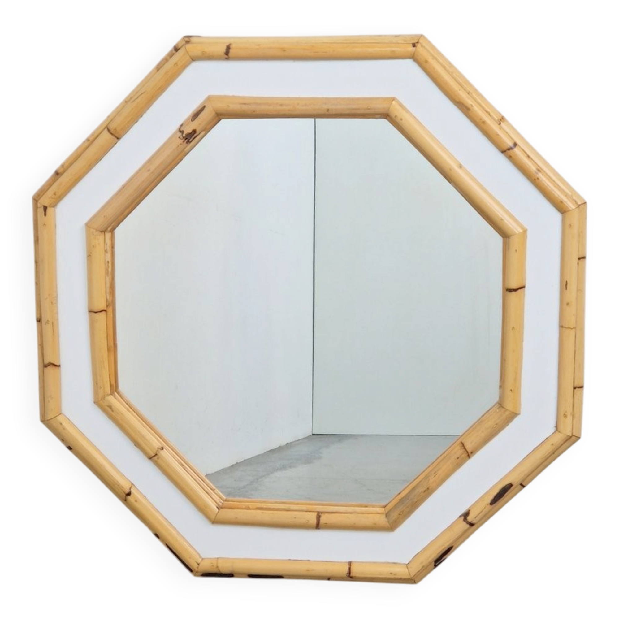 Vintage Octagonal Wall Mirror in Bamboo, Italy, 1960s