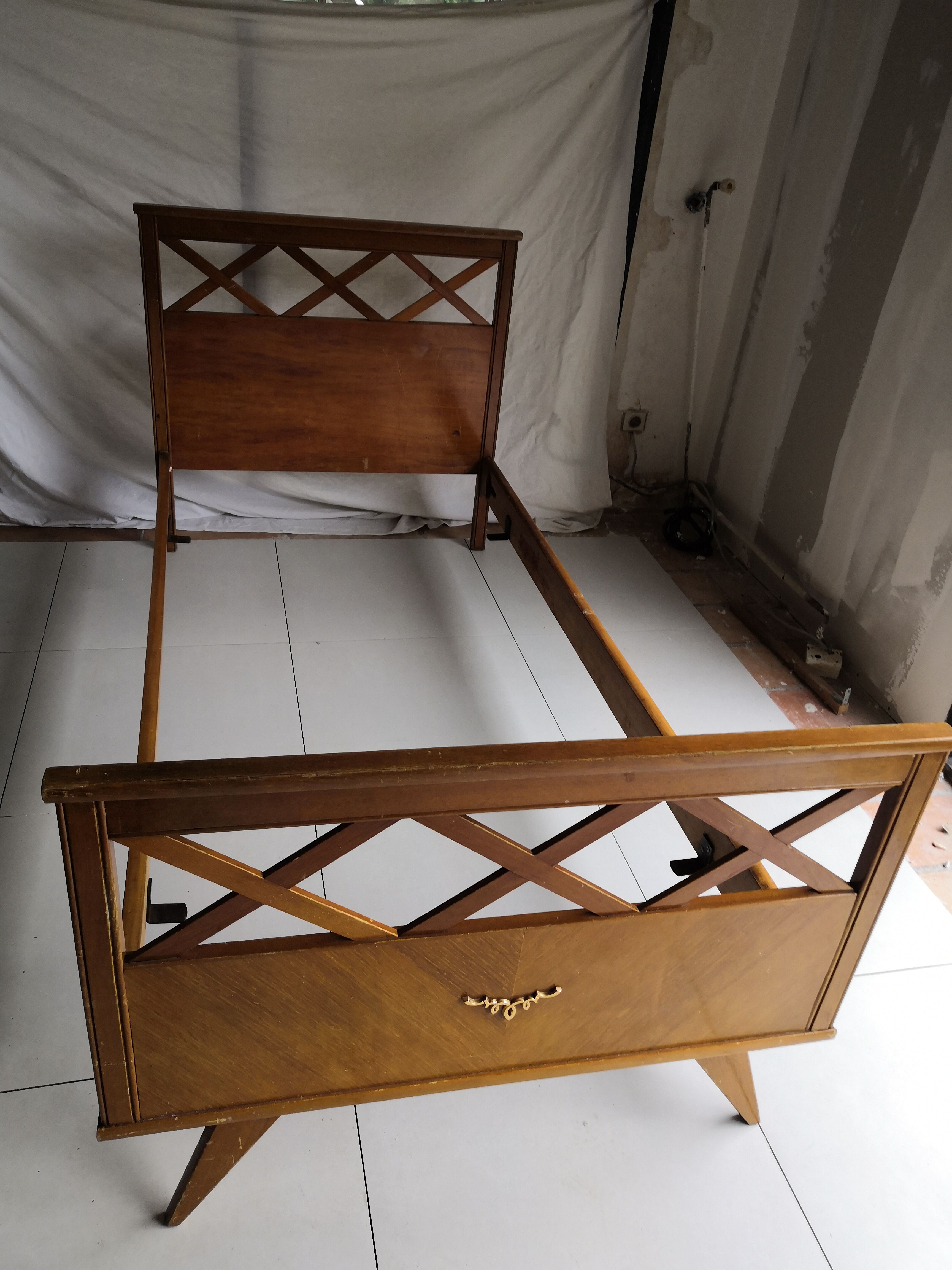 Vintage Scandinavian bed with crosspieces 50s