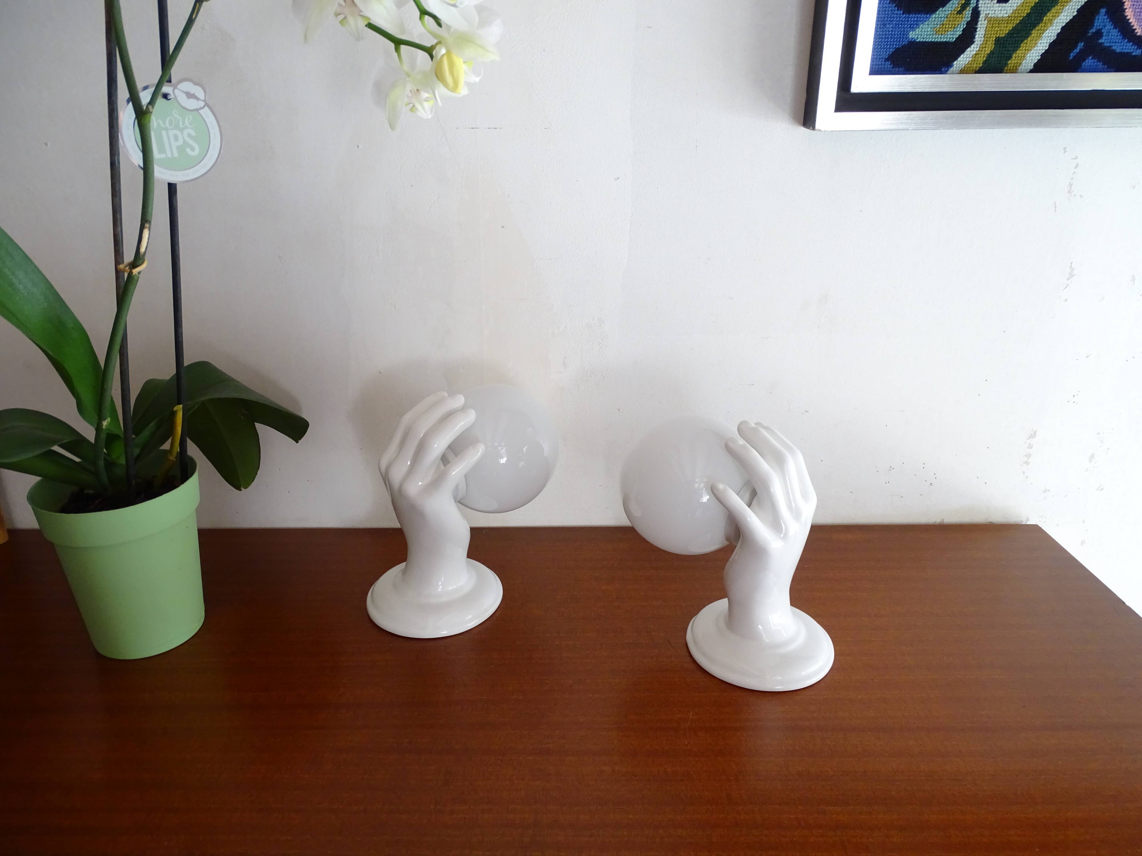 Pair of ceramic hand sconces - globe ball - vintage design 70's