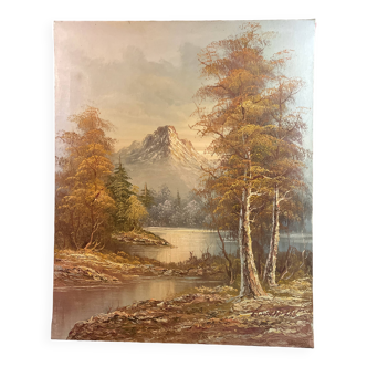 Oil on canvas, autumn lake landscape mountain lake