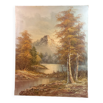 Huile sur toile, paysage lacustre automne lac de montagne