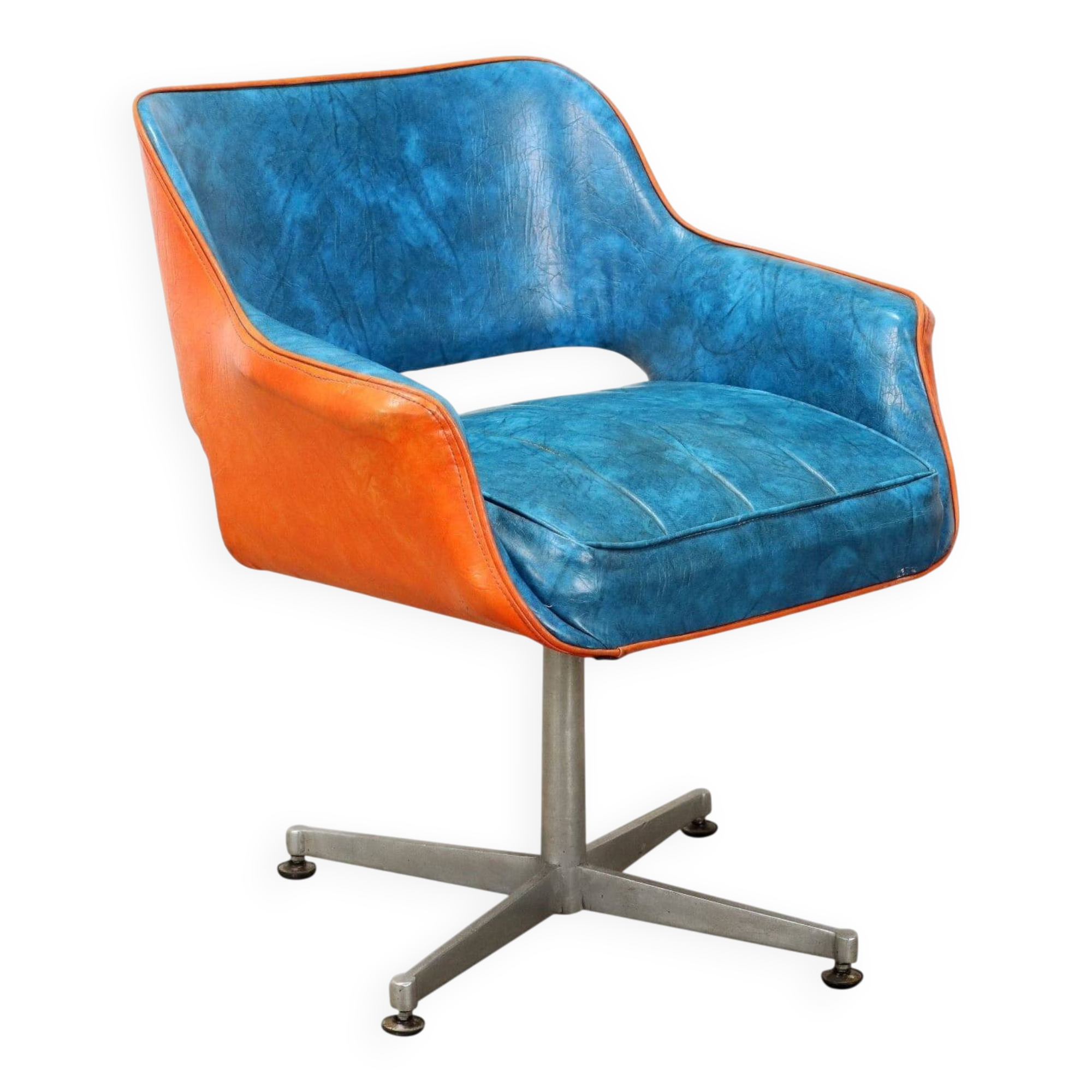 Vintage swivel armchair in faux leather and aluminum, 1960s-70s