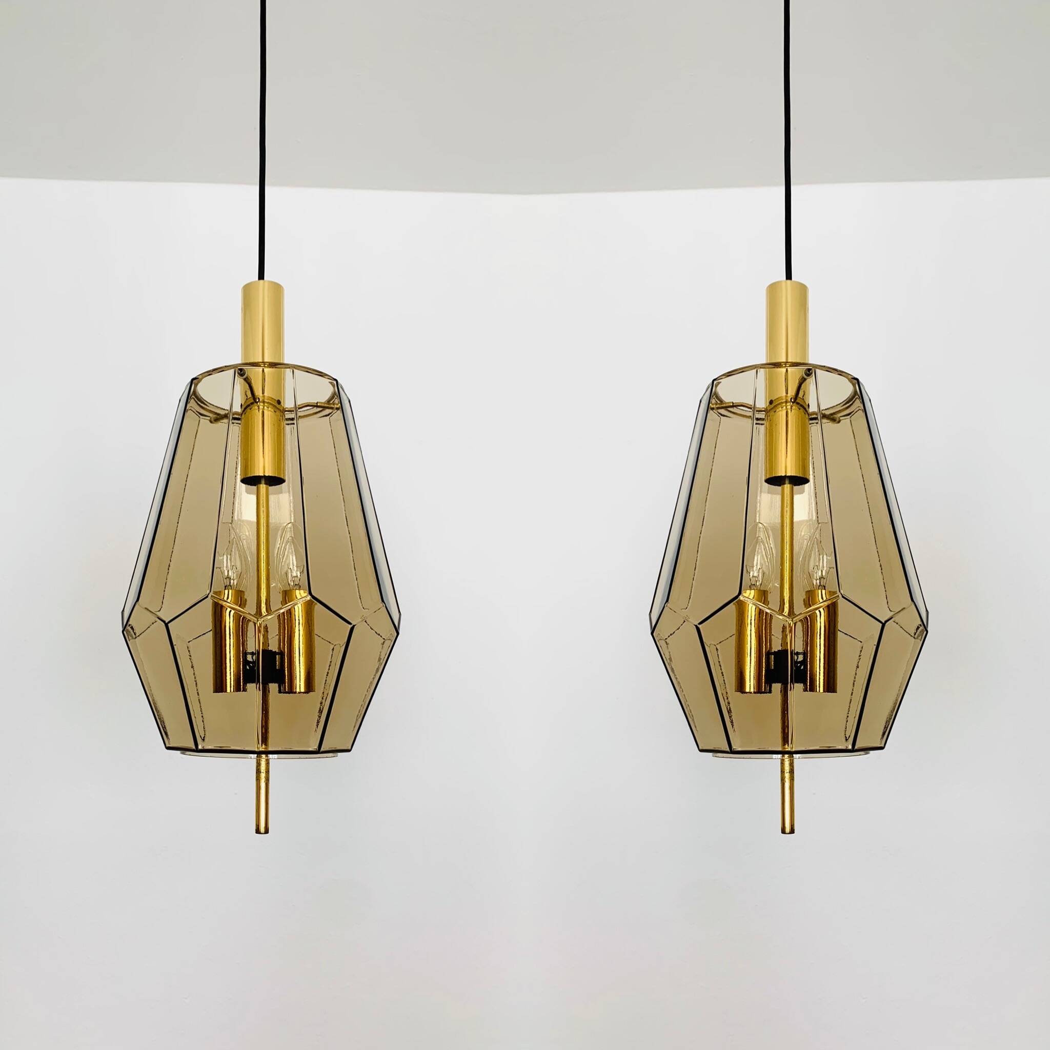 Set of 2 Smoked Glass Pendant Lamps by Glashütte Limburg