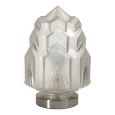 Art Deco moulded glass chandelier globe – Displayed on a lamp stand.
