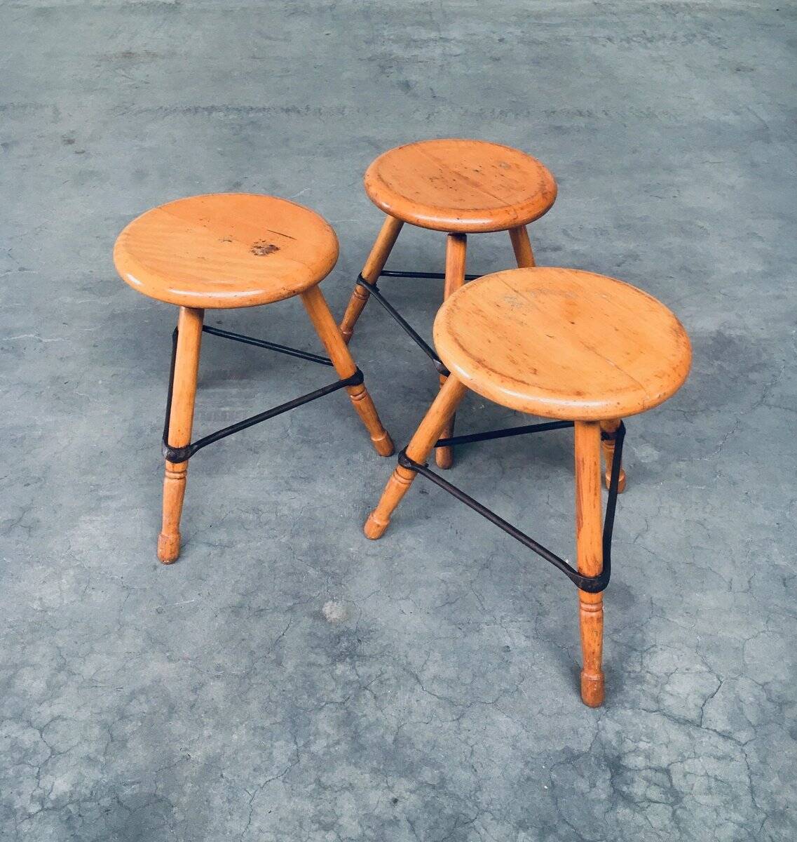 Industrial Low Tripod Stools, Belgium, 1950s, Set of 3
