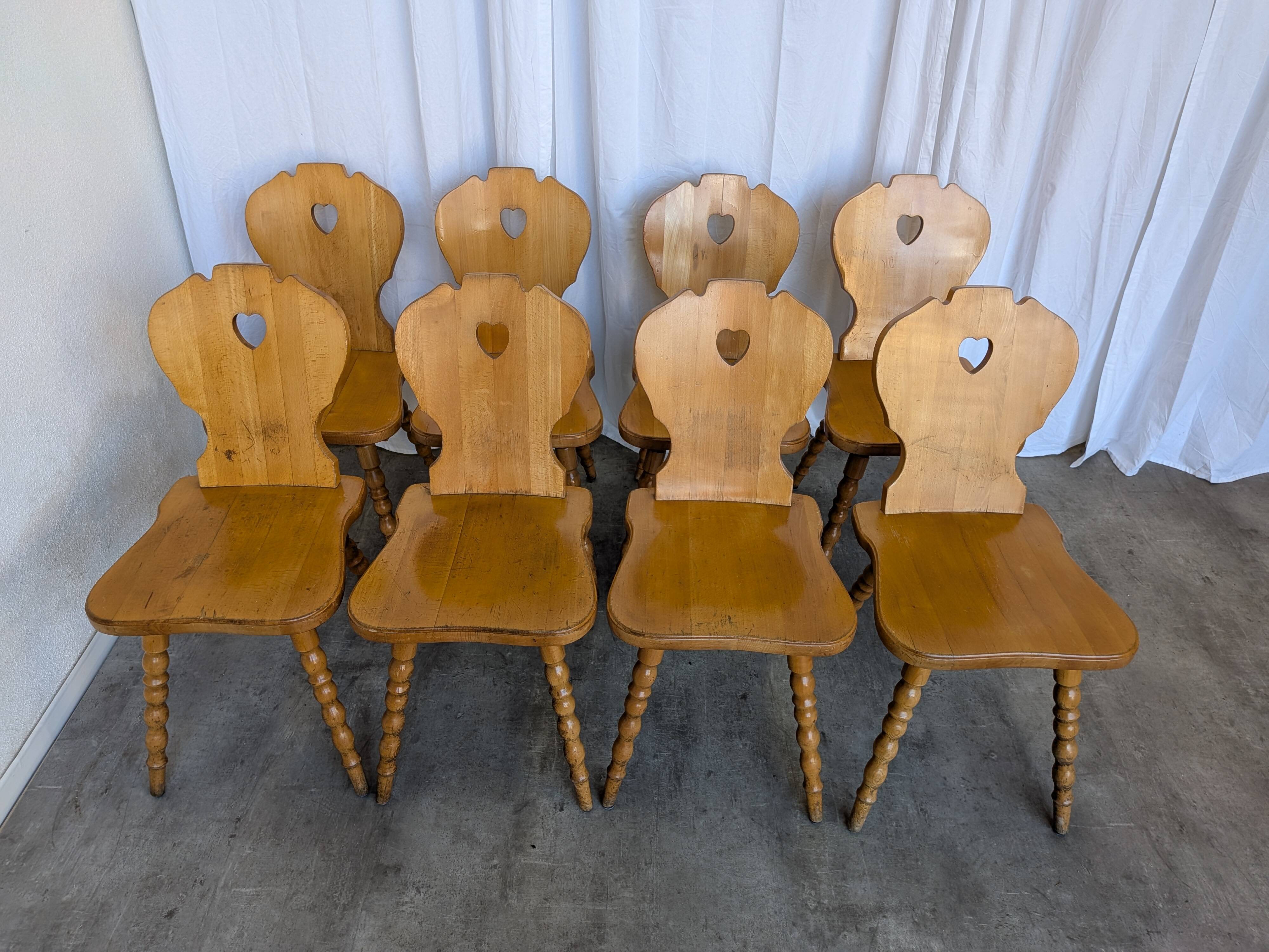 Set of 8 Vintage Tyrolean Heart Cutout Wooden Dining Chairs, Rustic Farmhou