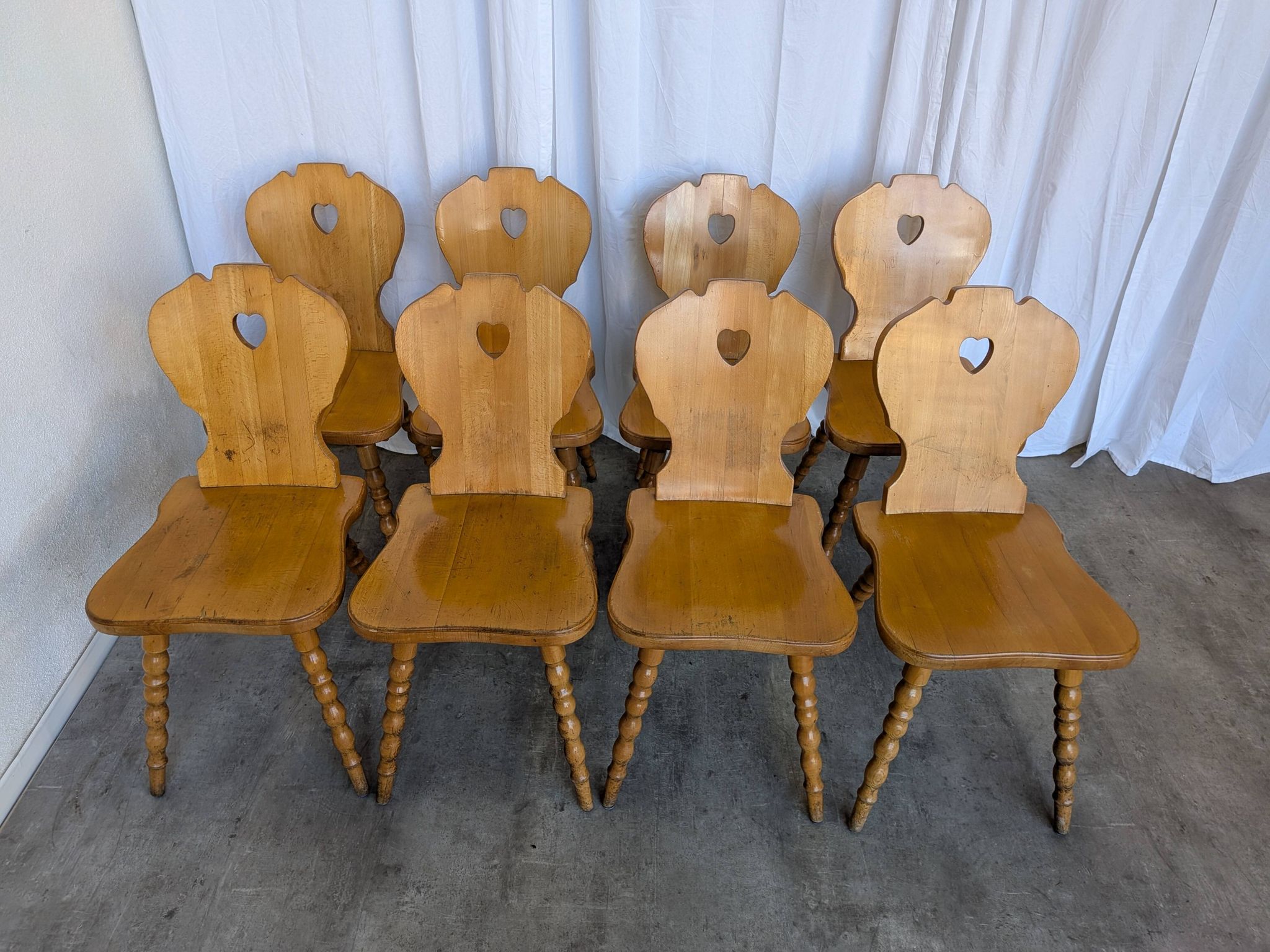 Set of 8 Vintage Tyrolean Heart Cutout Wooden Dining Chairs, Rustic Farmhou