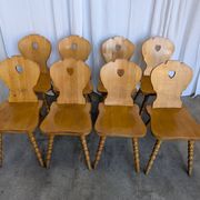 Set of 8 Vintage Tyrolean Heart Cutout Wooden Dining Chairs, Rustic Farmhou