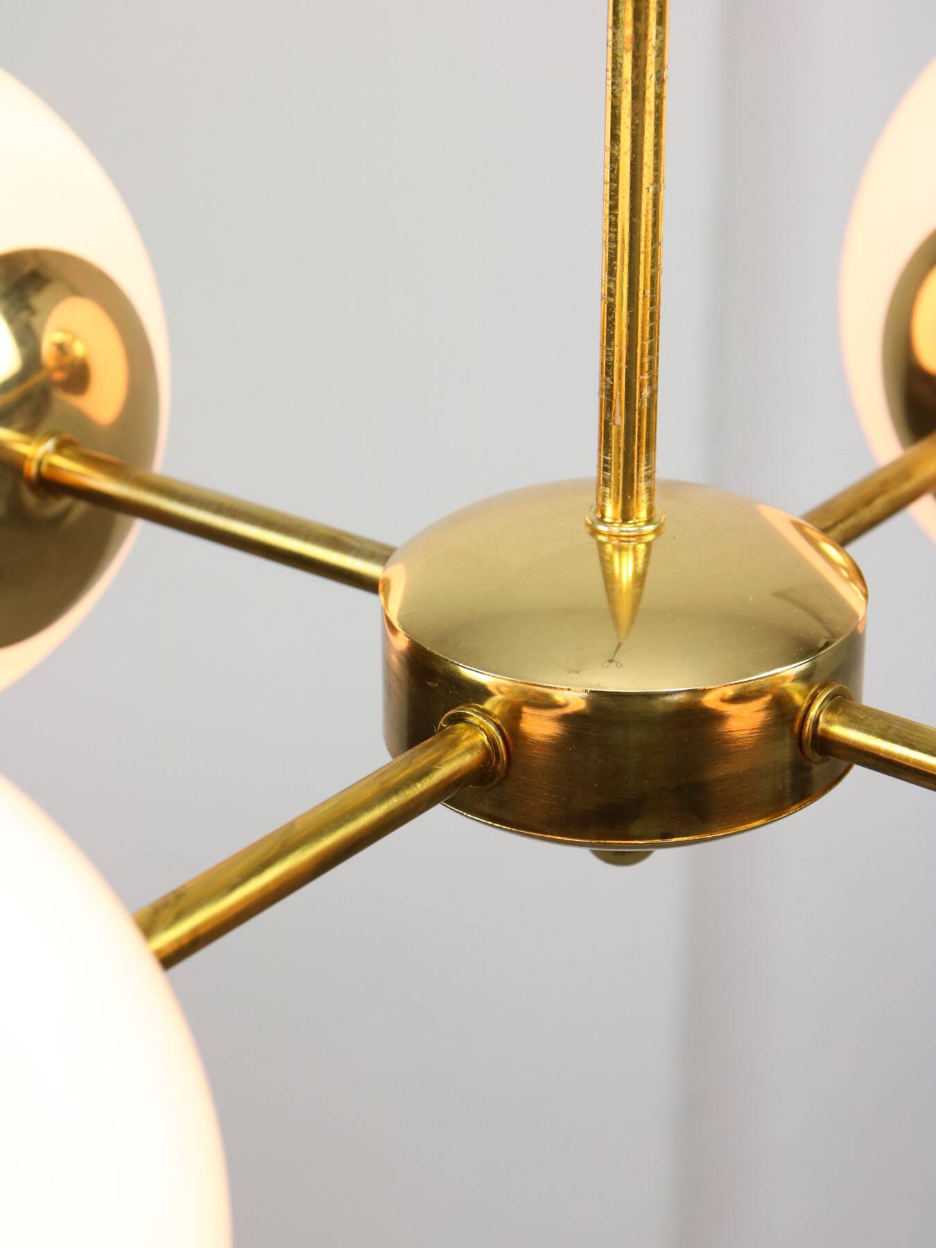 Italian Mid Century Golden Sputnik Chandelier with Opaline Shades, 1960s