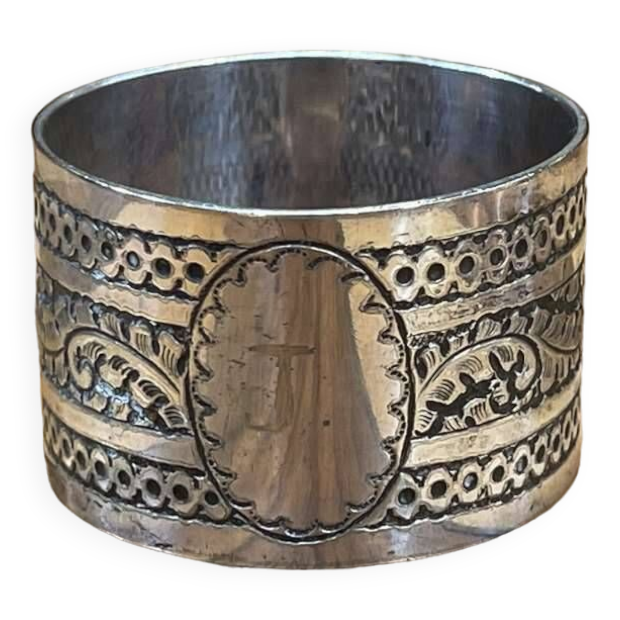 Silver metal napkin ring with the letter J