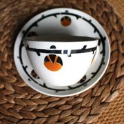 A large cup of chocolate tea, saucer Badonviller Barcarolle orange black.