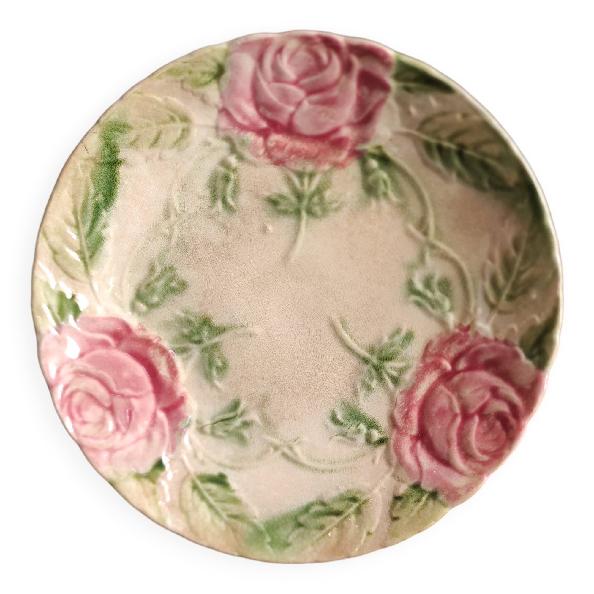 French antique plate decorated with roses in barbotine