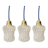 Set of three vintage electrified white glass pendant lamps with new