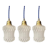 Set of three vintage white glass pendant lights, newly electrified.