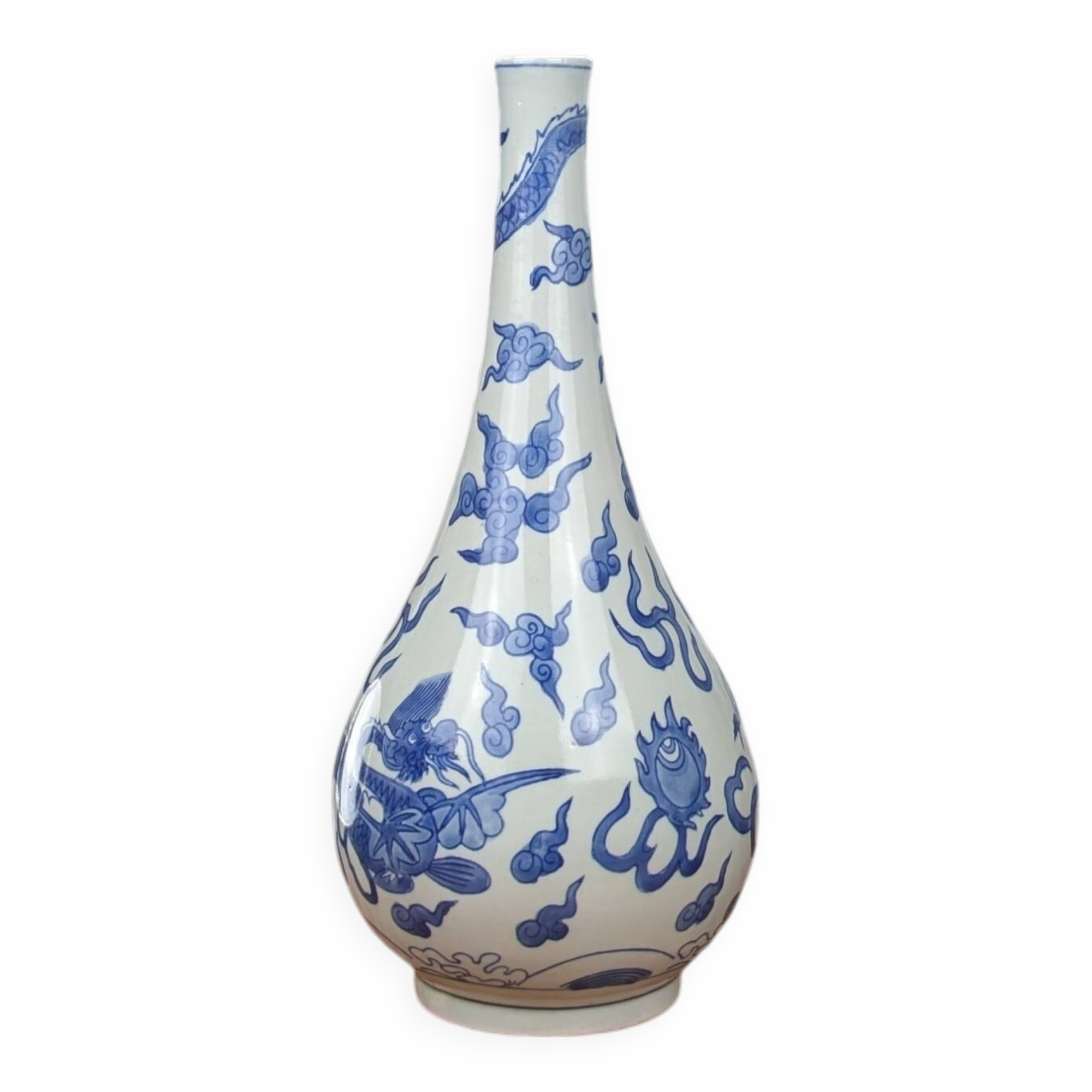 Blue hue piriform vase with dragon decor, vietnamese porcelain