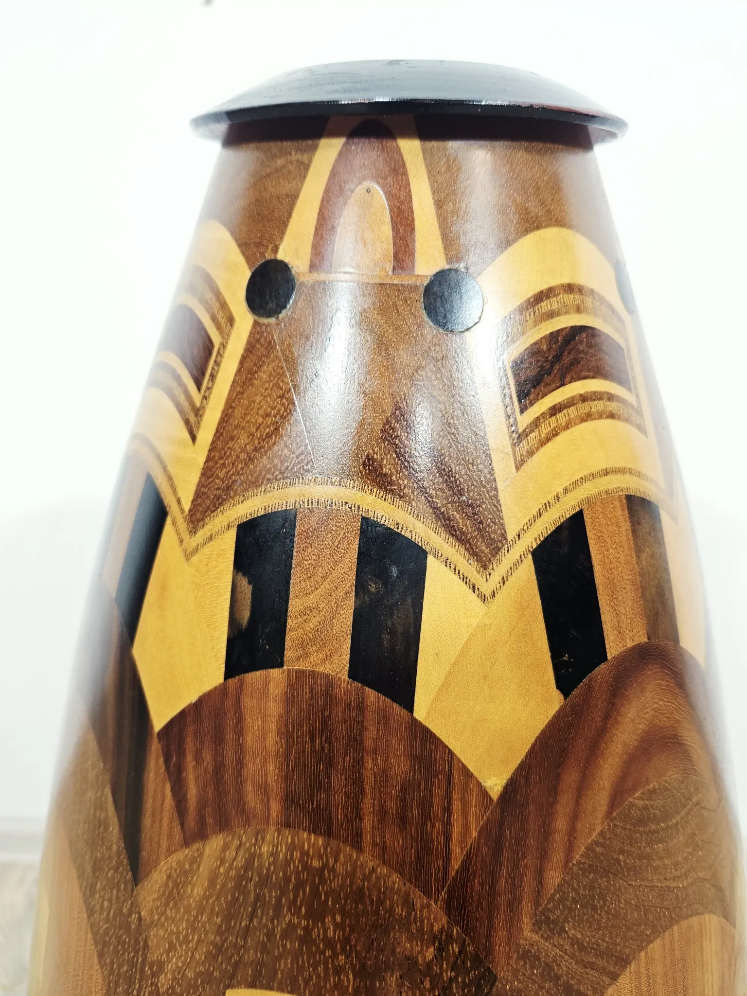 Monumental wooden floor vase / intarsia / wood mosaic / Africa / 1950s–1960