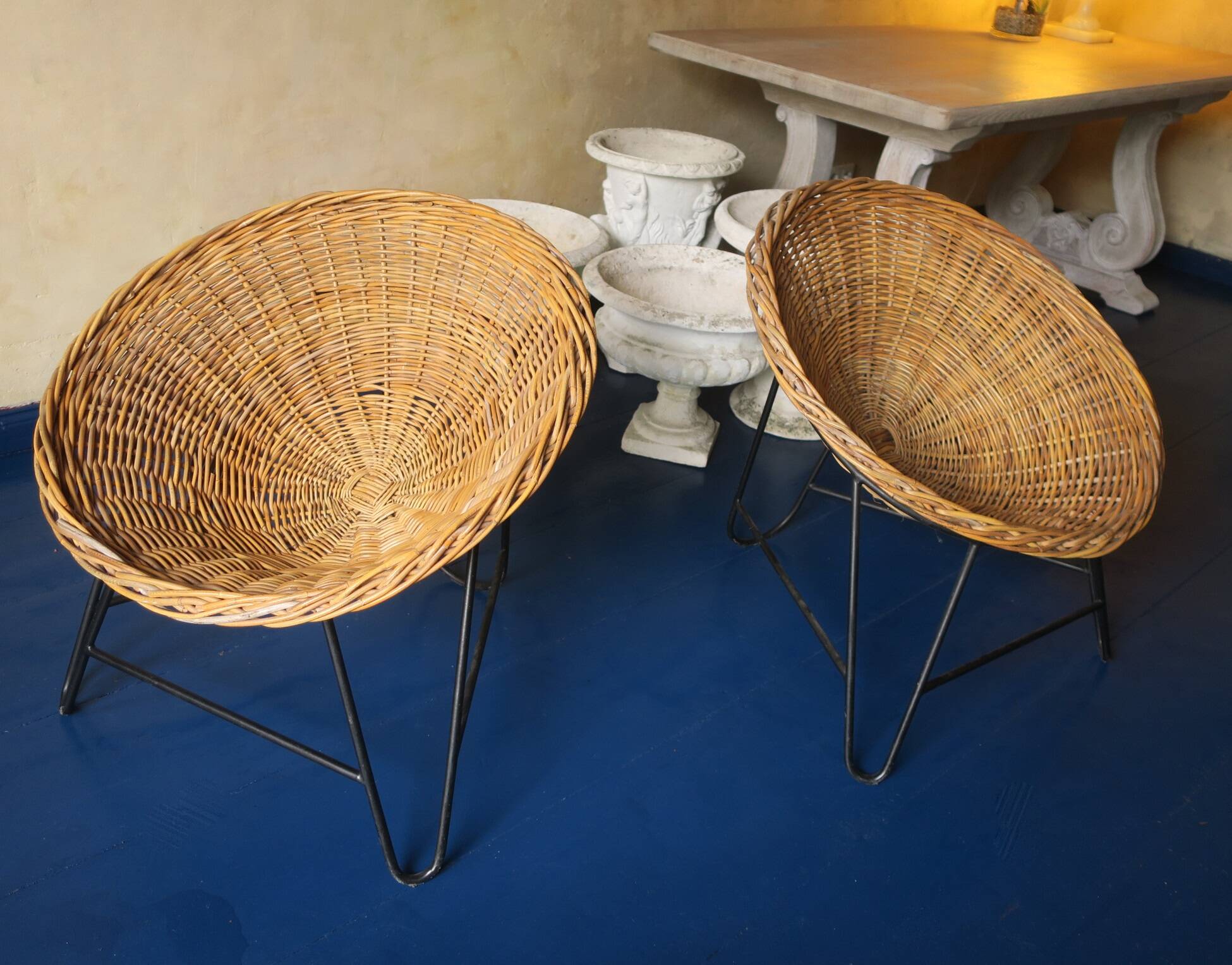 Pair of mid century bamboo and iron pod chairs, 1960s