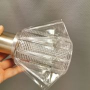 A set of smaller hanging lamps, in hard pressed glass, with metal top