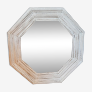 Beveled octagonal mirror, moldings, linen patina, hemp, waxed