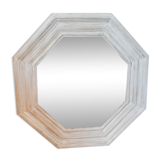 Beveled octagonal mirror, moldings, linen patina, hemp, waxed