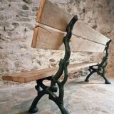 Antique French park bench in cast iron and oak – Sea green patina, 220 cm
