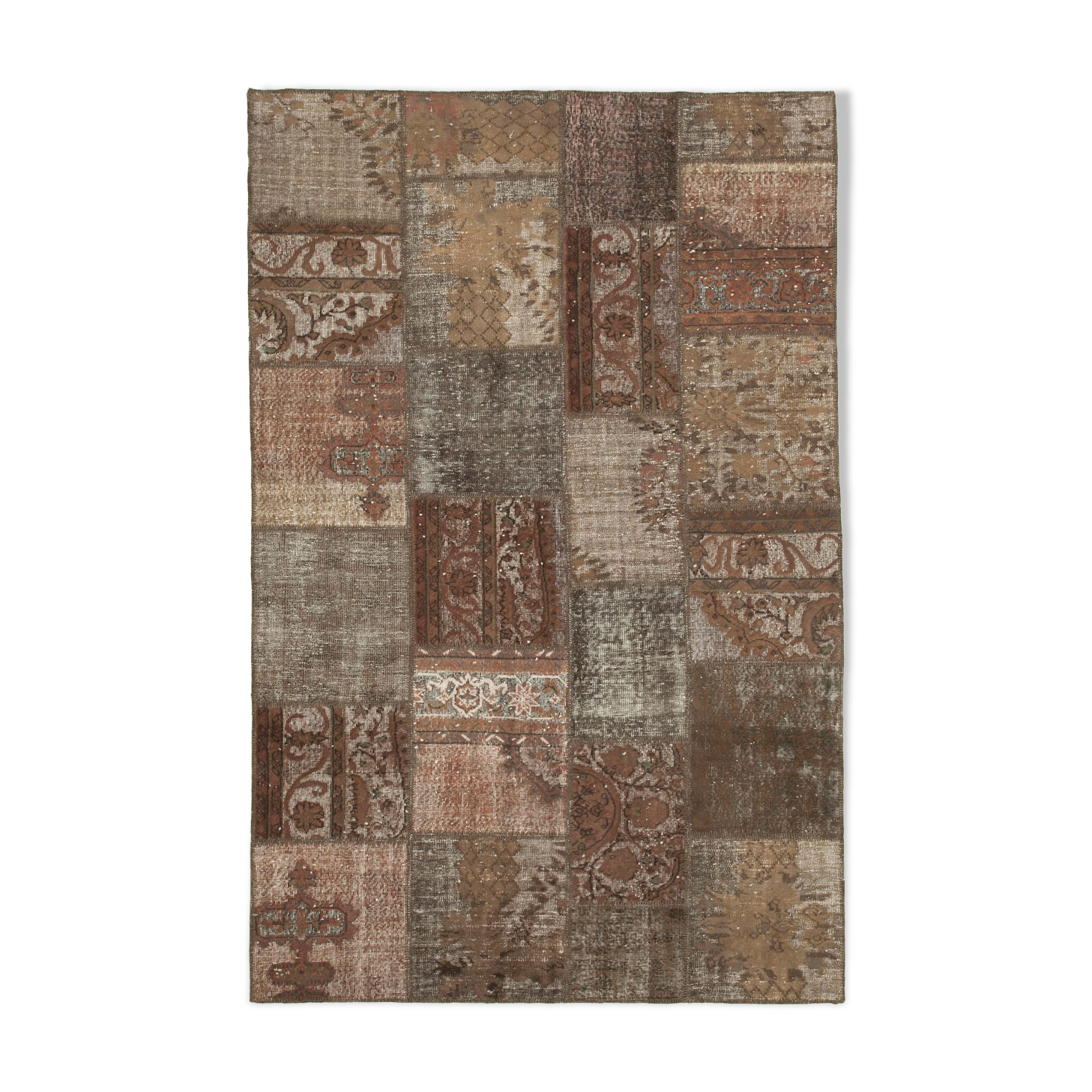Handwoven oriental vintage 198 cm x 302 cm brown patchwork carpet