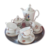 Antique dinette in Czech porcelain.  cups + coffee + sugar bowl. Motifs in the style G. Bouret