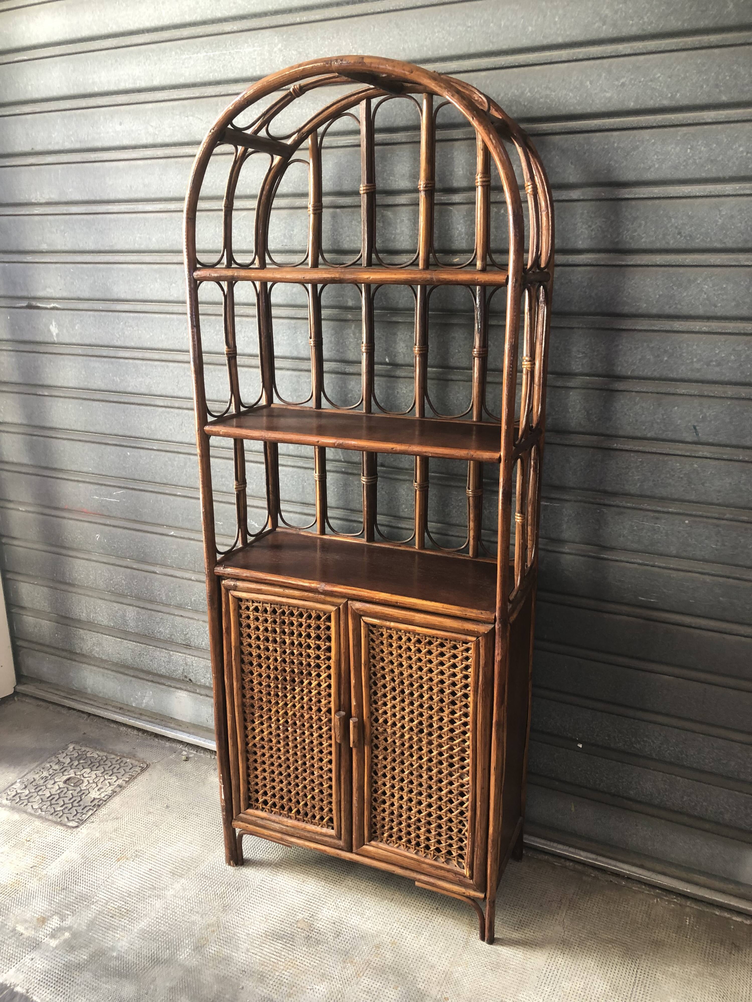 Rattan shelf with storage from the 1970s