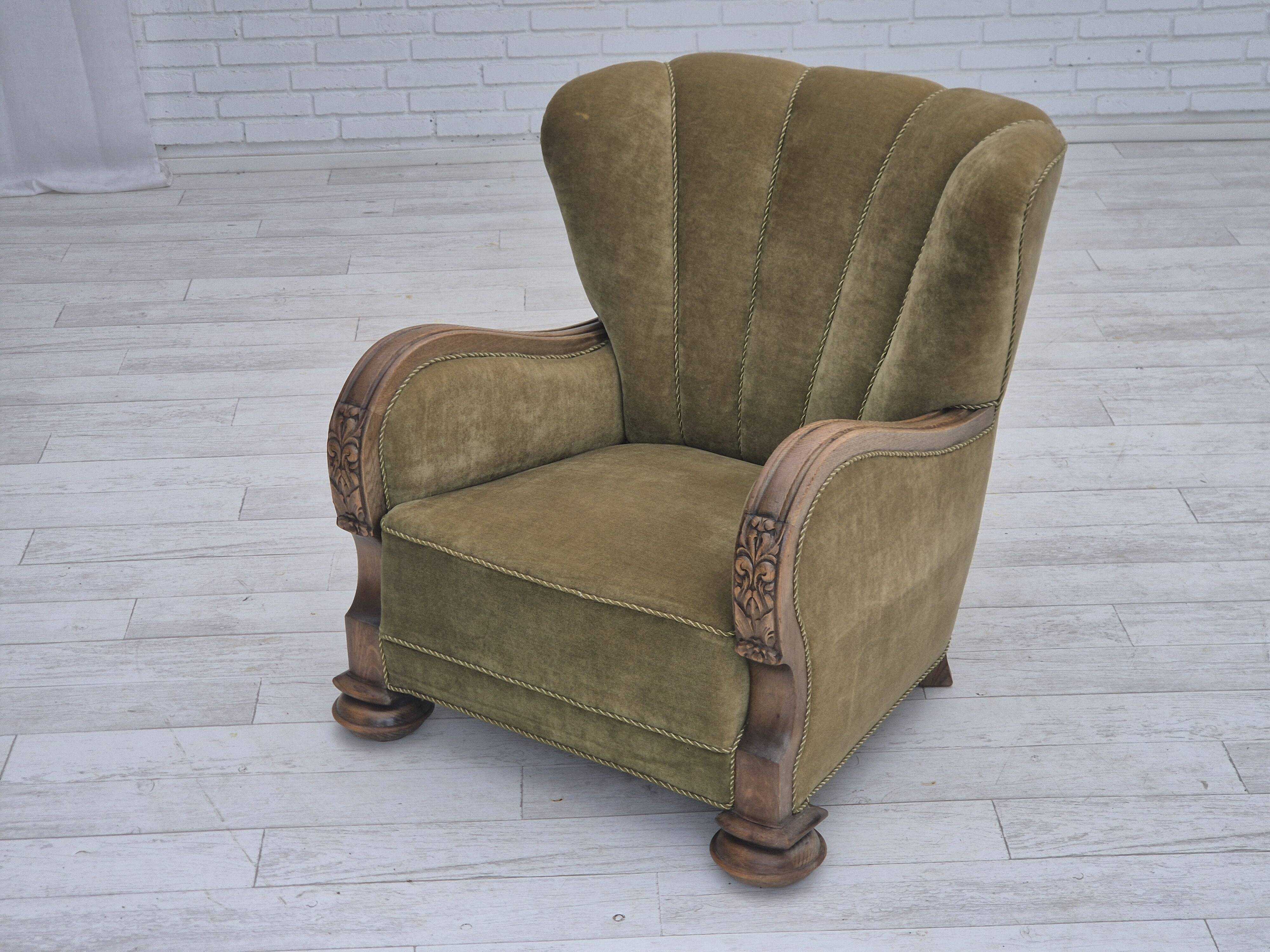 1960s, Danish relax armchair, green furniture velour fabric, oak wood.