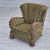 1960s, Danish relax armchair, green furniture velour fabric, oak wood.
