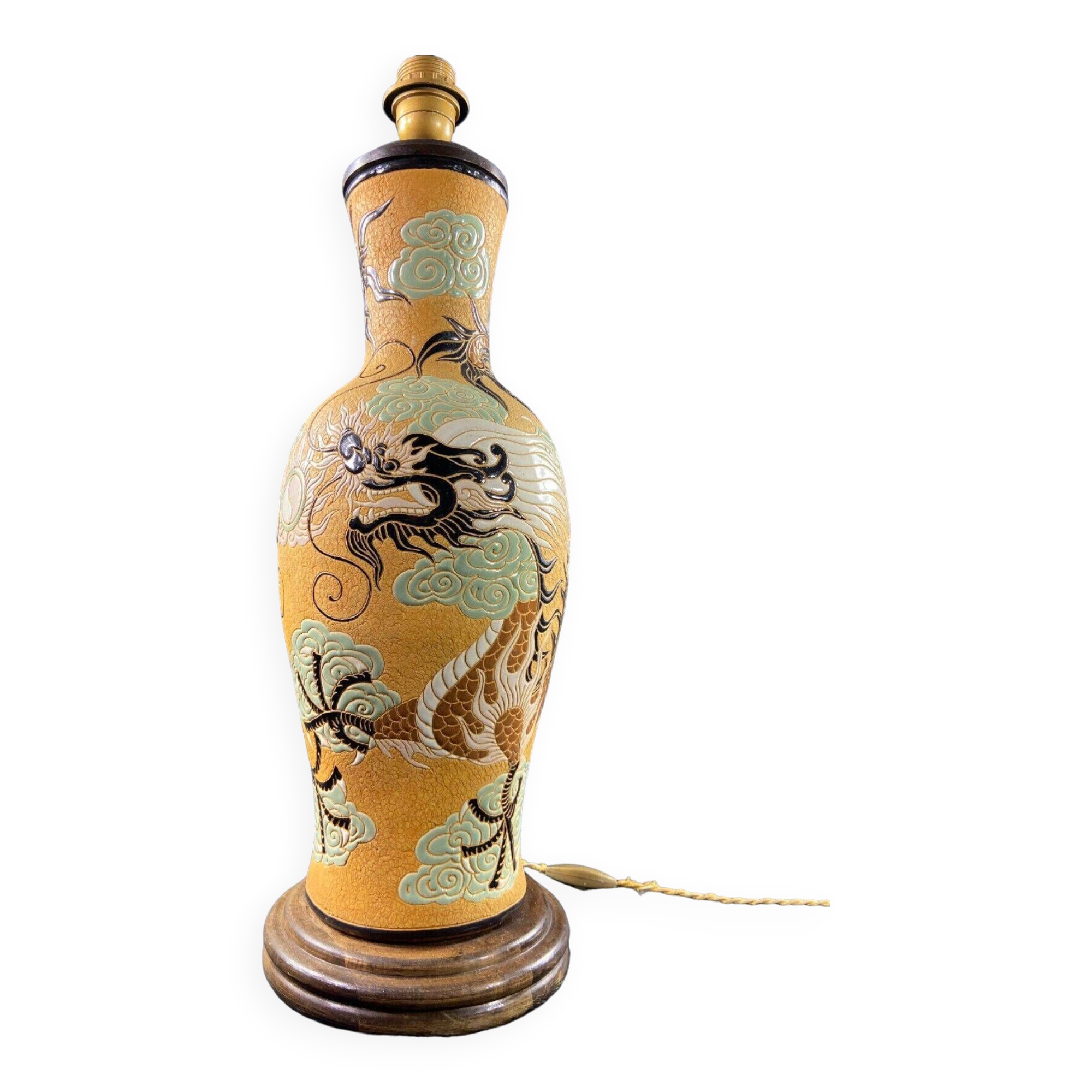 Very large dragon lamp on a yellow background in well-fired Vietnamese stoneware.
